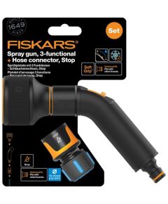 Fiskars Comfort locsolópisztoly, 3 funkciós + CF tömlőcsatlakozó 13-15mm, STOP